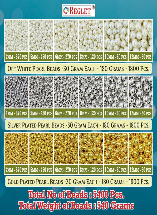 REGLET 1800 Pcs Off White + Pcs 1800 Silver + 1800 Pcs Golden Pearl Beads for Bracelet Making Set - Beading, Crafting, Beadwork, Embroidery, Jewellery Making Kit - Sizes 4, 5, 6, 8, 10, 12mm - 540g - Image 2
